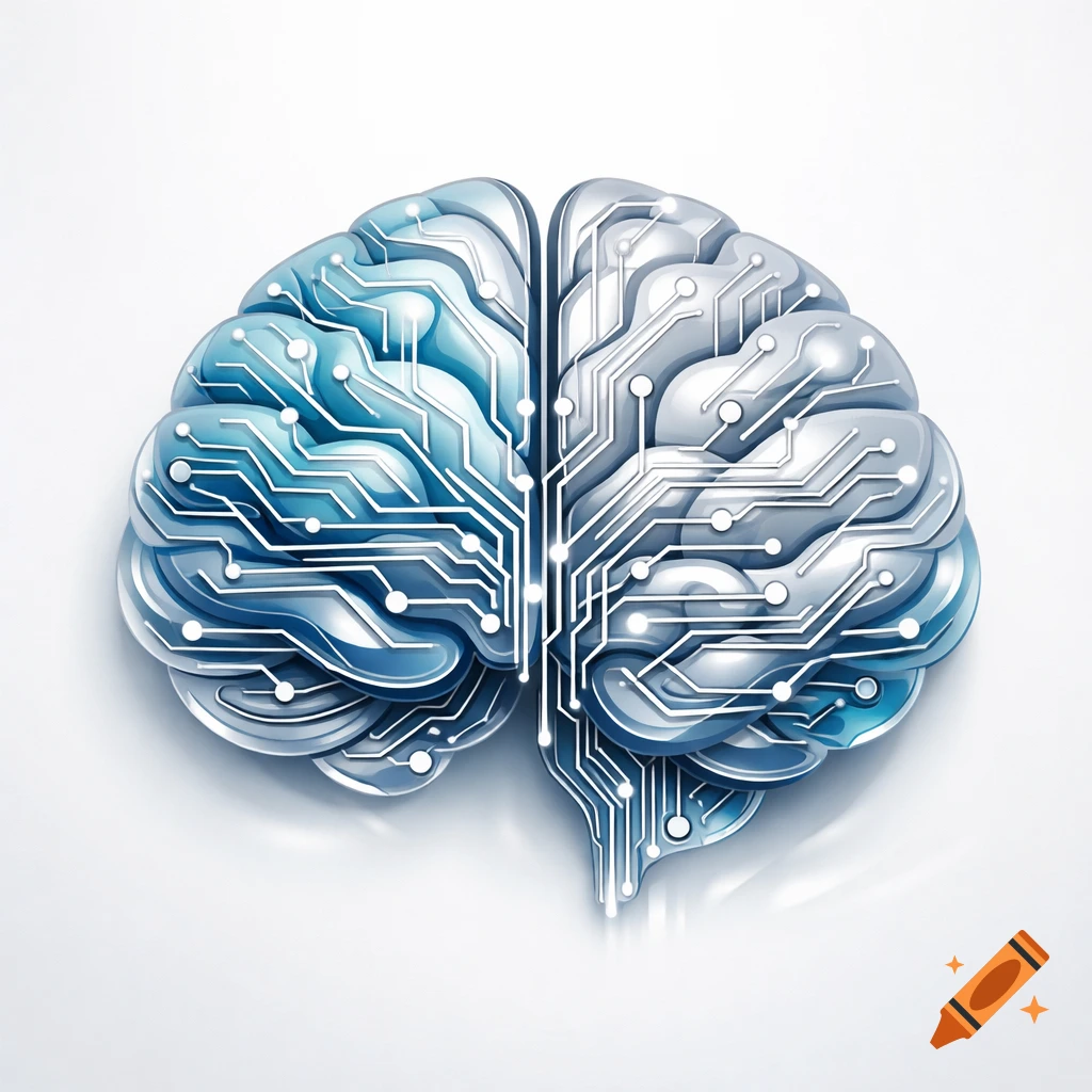 A stylized brain with blue and grey hemispheres, covered in white circuit board patterns, on a white background.