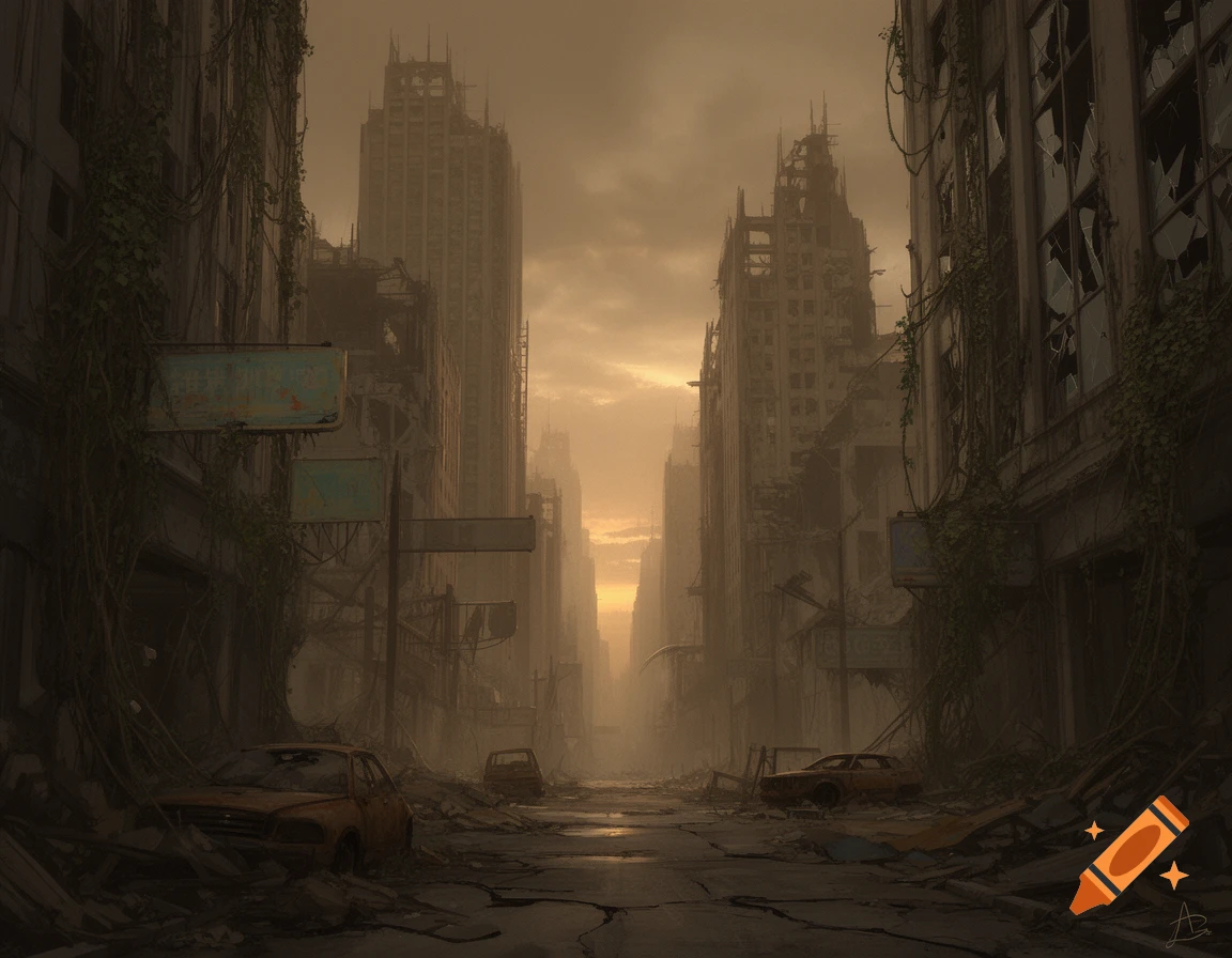 A desolate, photorealistic cityscape of a ruined city with abandoned cars, overgrown buildings, and debris under a hazy, polluted sky.