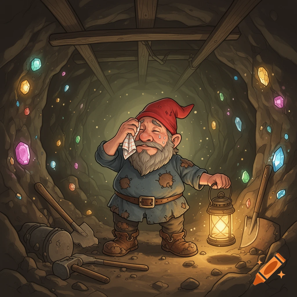 A cartoon gnome miner wipes sweat from his brow in a dark mine filled with glowing crystals, surrounded by pickaxes and shovels.