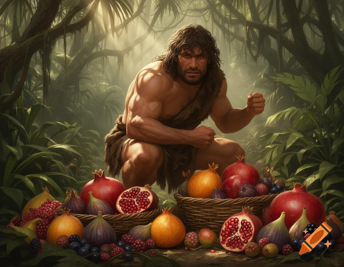Muscular caveman crouches among pomegranates, figs, and berries in a lush jungle with sunlight filtering through leaves.