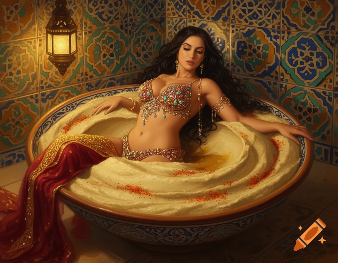 Beautiful woman in ornate bejeweled attire reclining in a giant bowl of hummus in a richly tiled room.