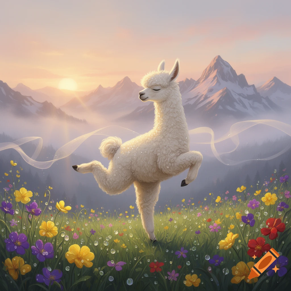 White alpaca in a yoga pose in a field of colorful wildflowers with dewdrops, misty mountains, and sunrise.