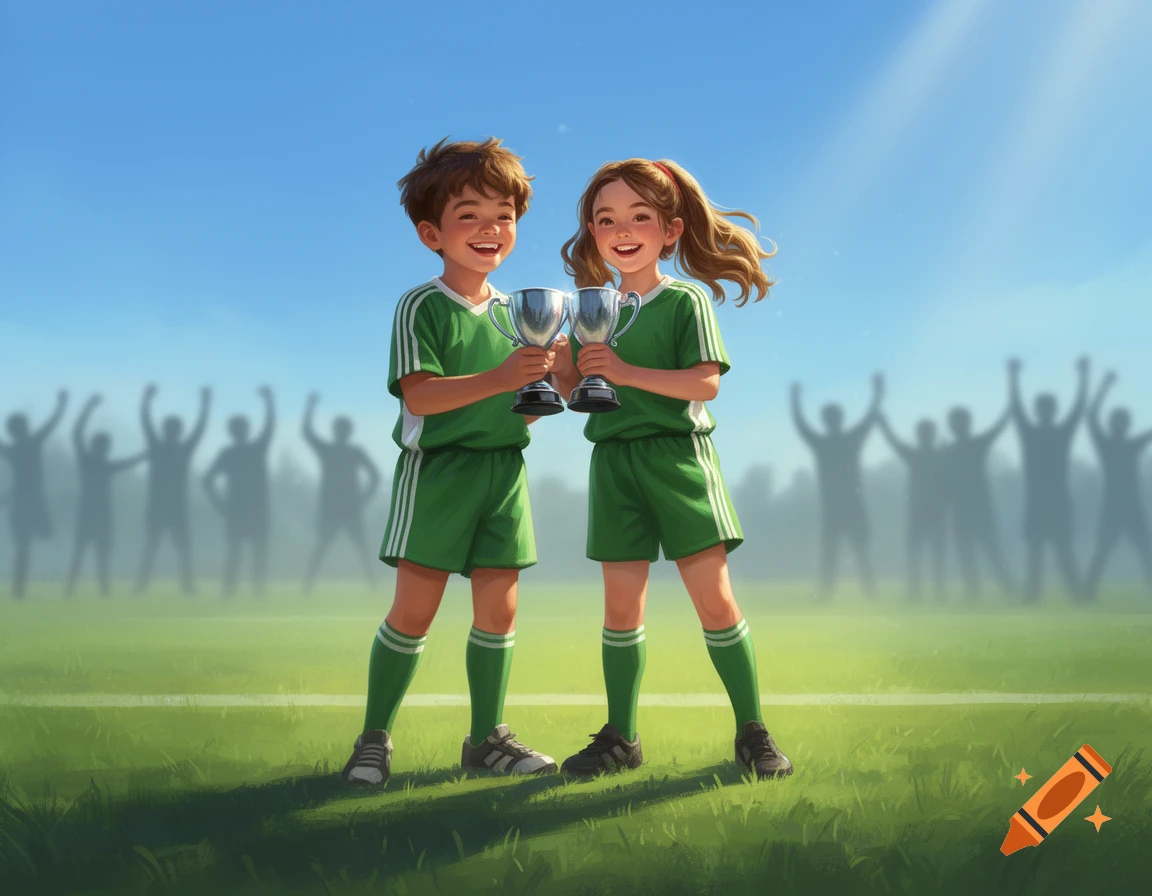 Two young children in green soccer uniforms stand on a field, smiling and holding silver trophies, with a blurry crowd cheering in the background under a blue sky.