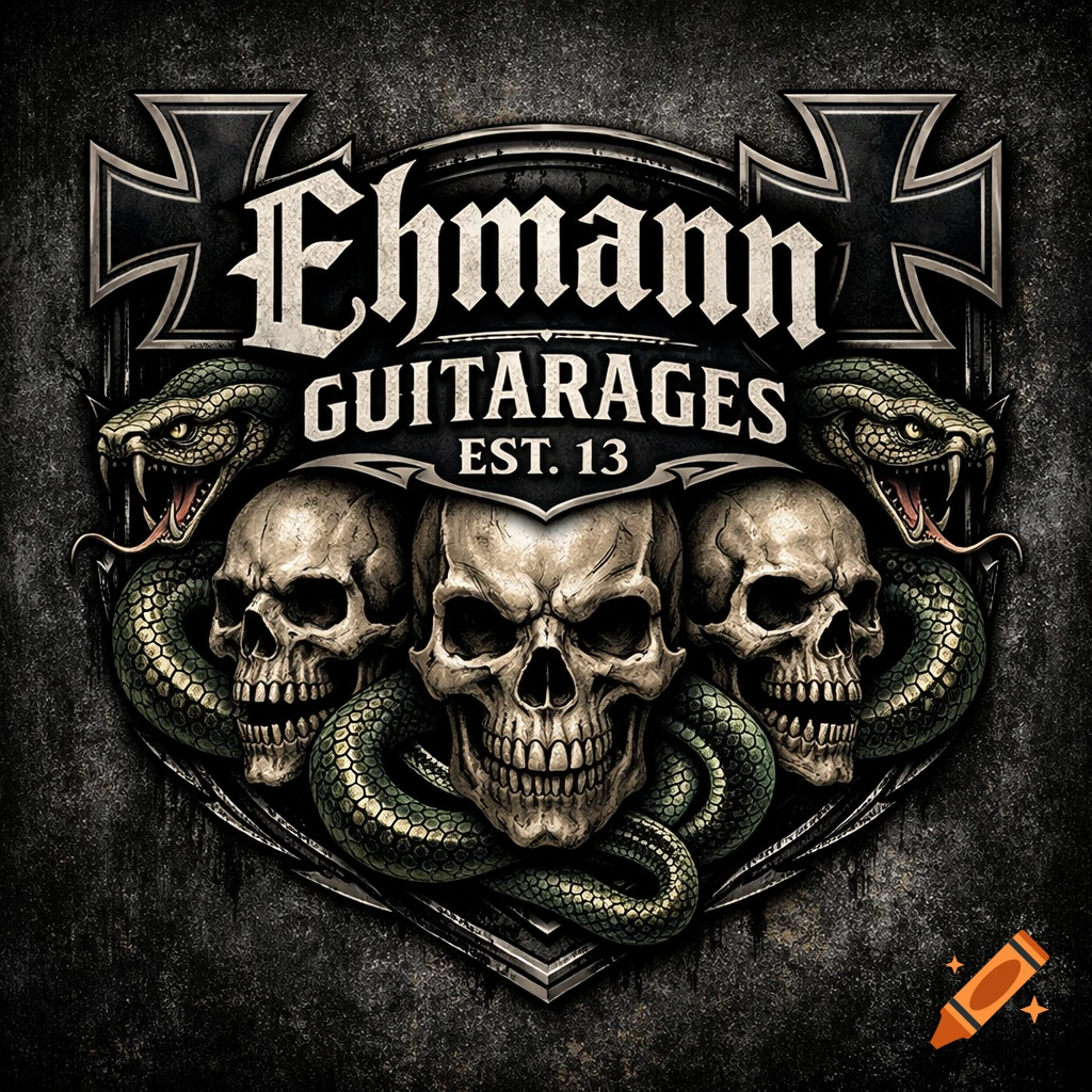 A dark logo with three skulls, two snakes, and two iron crosses, text 'Ehmann GUITARAGES EST. 13' on a grunge background.