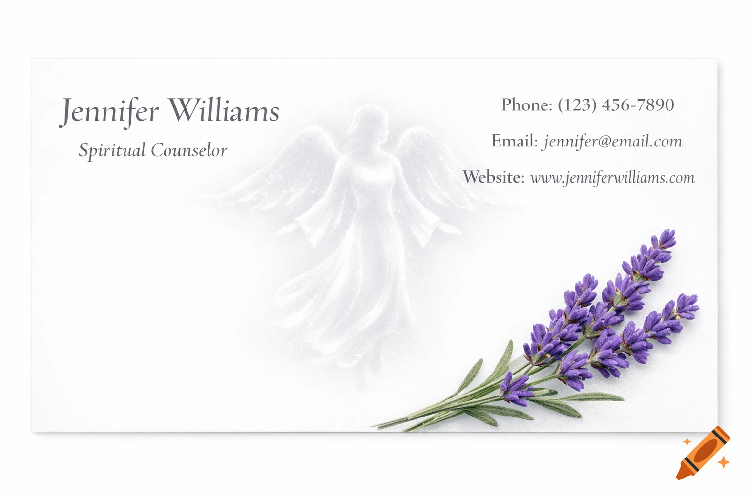 A business card with a white background, featuring a subtle white angel silhouette, a sprig of purple lavender, and contact information.