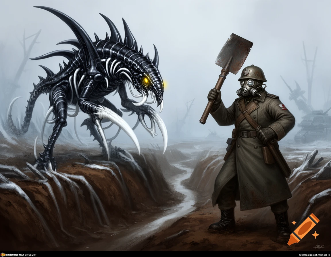A black Tyranid Hormagaunt with glowing eyes confronts a soldier in a gas mask wielding a shovel in a muddy, war-torn trench, digital art.