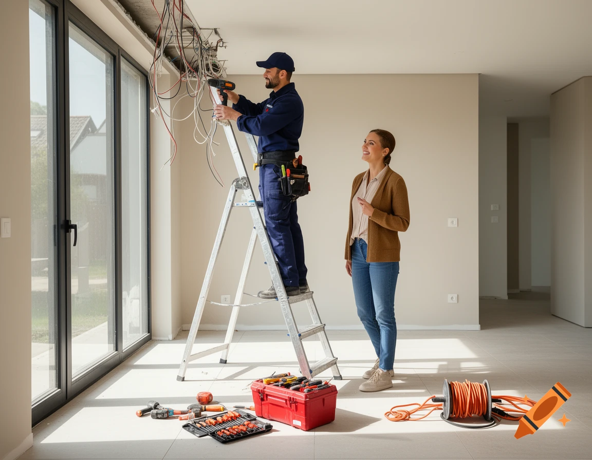 An electrician on a ladder installs wiring in a modern home while a client watches.