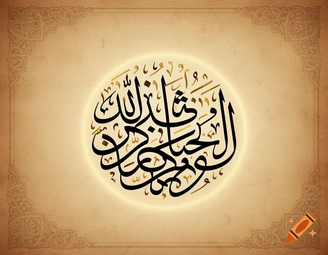 Black and gold Arabic calligraphy within a glowing oval on a textured beige background with ornate corners.