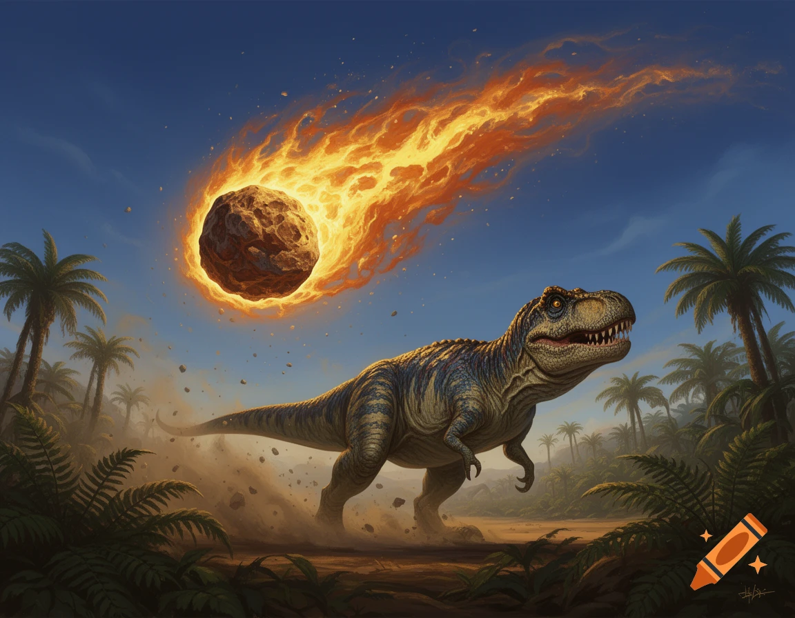 A large Tyrannosaurus Rex runs through a prehistoric jungle as a fiery meteor streaks across the blue sky.