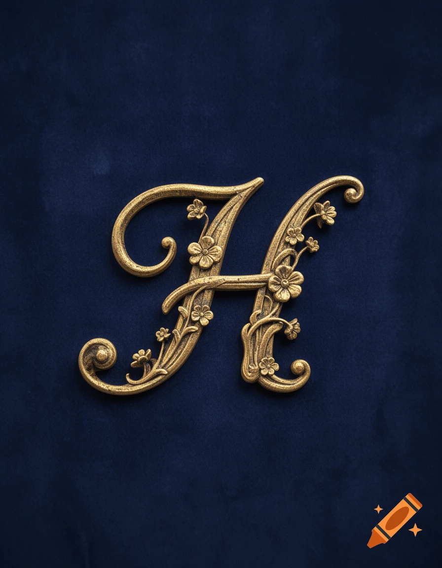 Ornate gold letter H, adorned with small flowers and swirls, set against a dark blue velvet background.