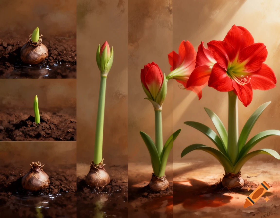 A multi-panel image showing the growth stages of an amaryllis from a bulb in soil to a fully bloomed red flower.