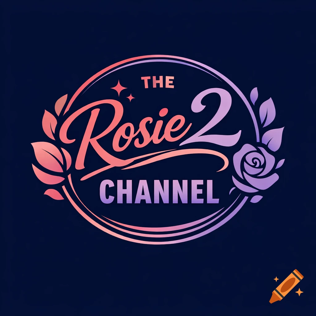 A logo for 'The Rosie 2 Channel' with gradient text, floral accents, and an oval frame on a dark background.
