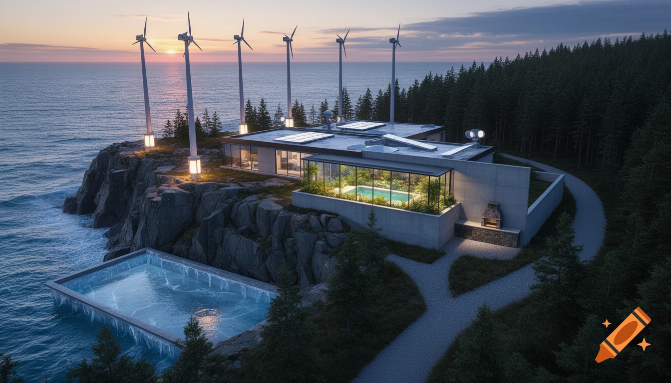 Picture of A self-sufficient off-grid estate on a rocky coastal cliff with a sleek ...