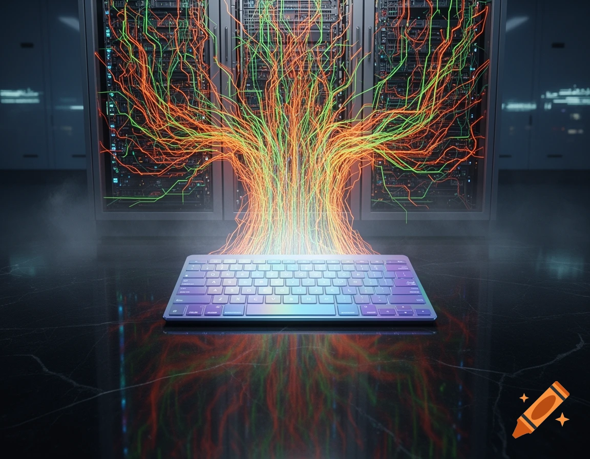 A vibrant, glowing keyboard on a dark surface, with numerous orange and green data lines extending into server racks.