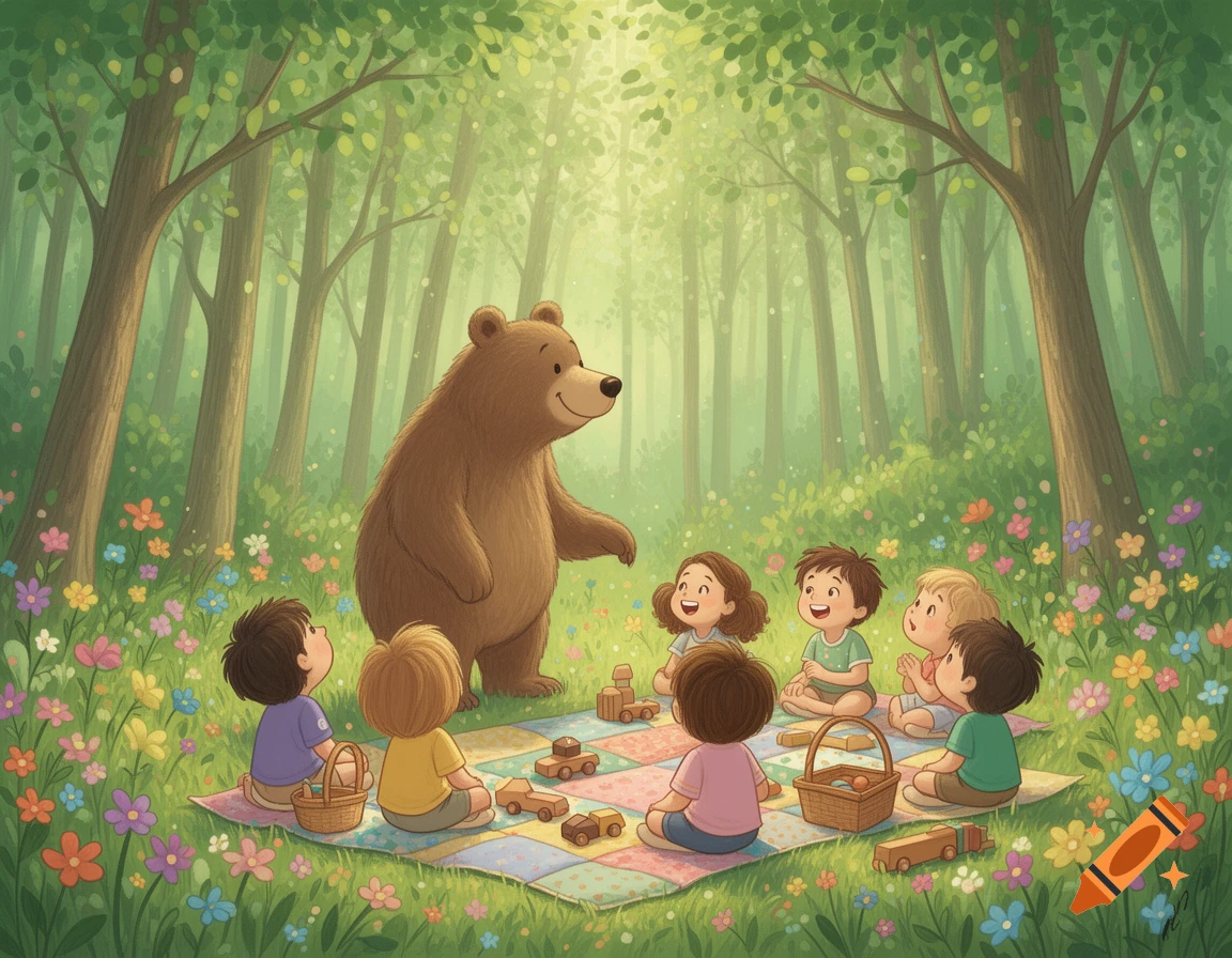A friendly brown bear talks to smiling children on a picnic blanket in a vibrant green forest with flowers, in children's book style.
