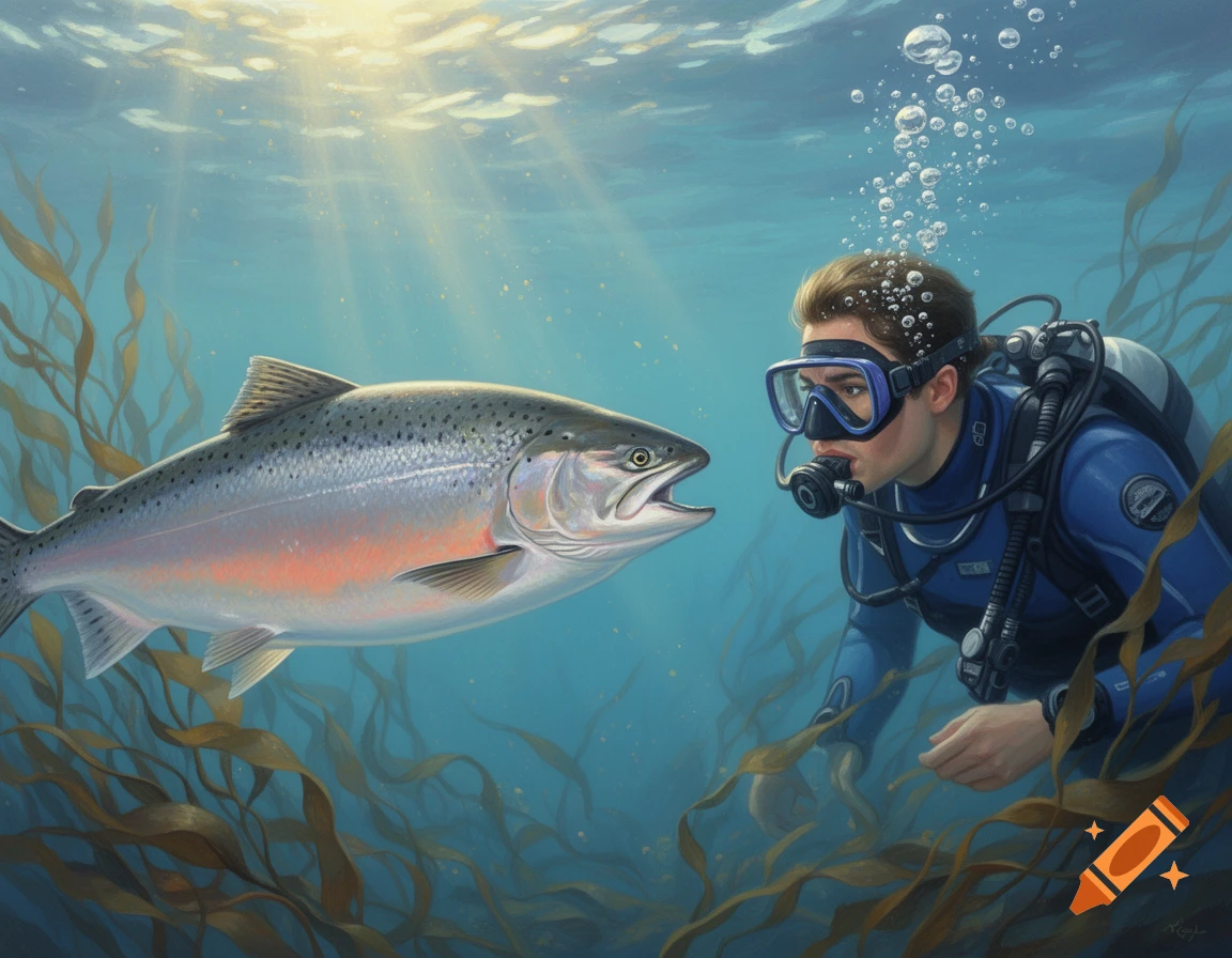 A diver in a blue wetsuit and a large salmon face each other underwater among green kelp, with sunlight filtering from above.