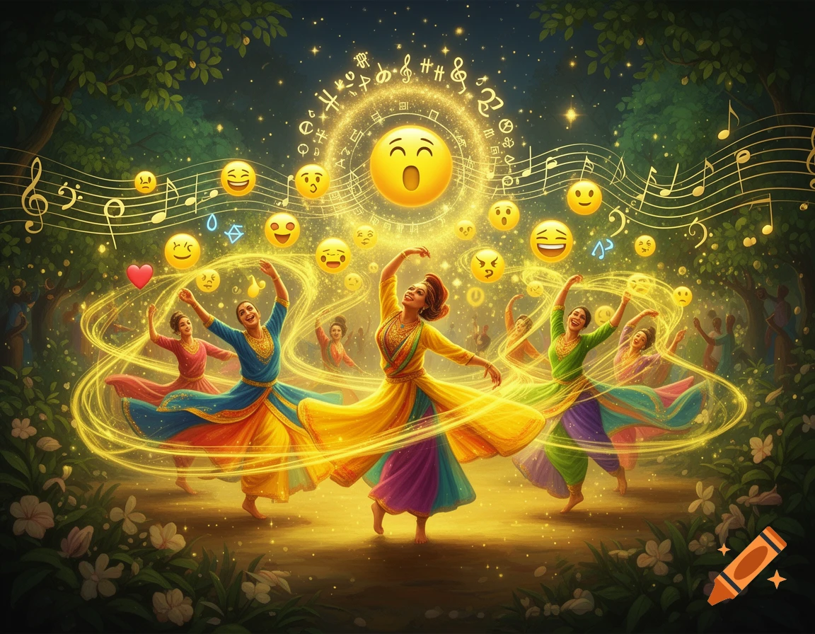 Women in vibrant traditional dresses dance gracefully under a night sky filled with sparkling light trails, emojis, and musical notes.