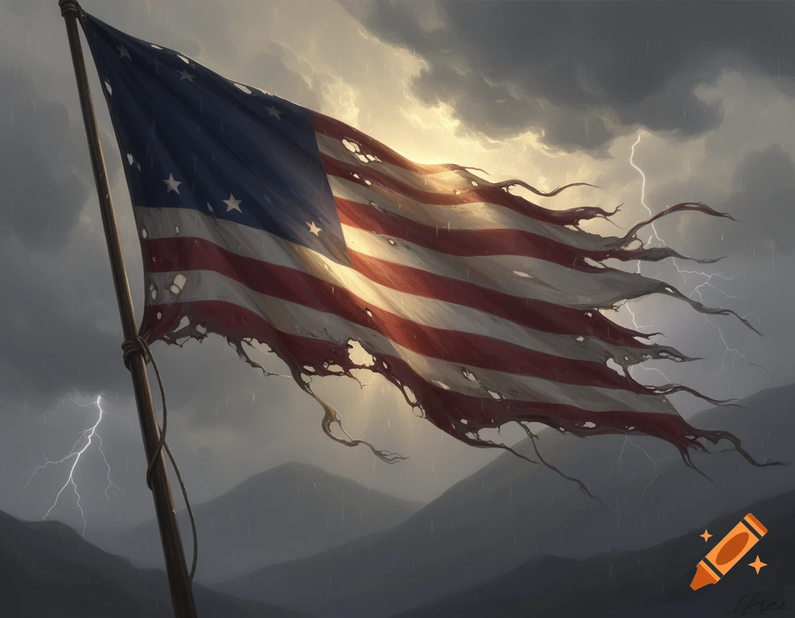 A tattered Continental Union flag waves from a pole under a stormy sky with lightning over mountains, rendered in an illustrative style.