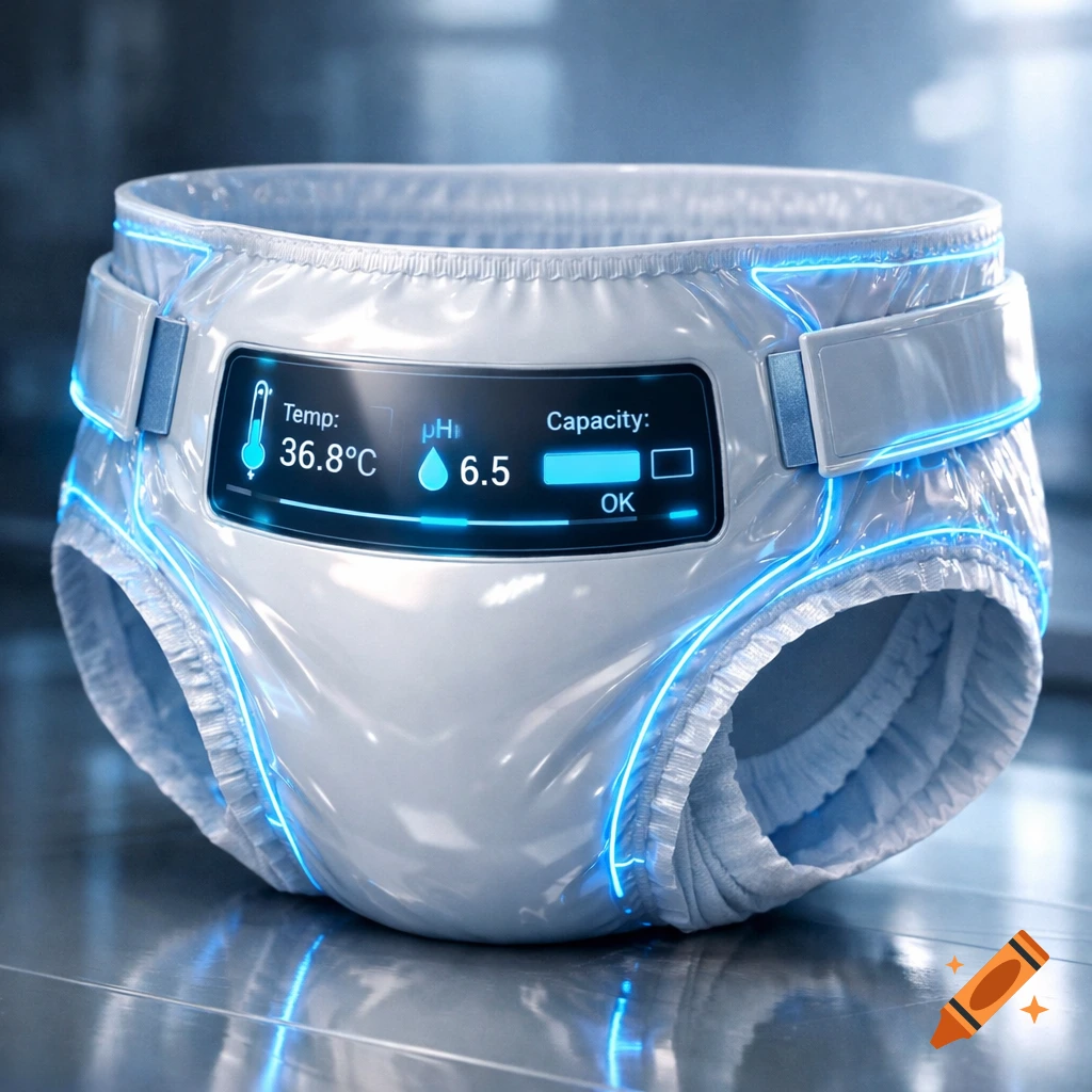 A close-up of a futuristic, shiny white smart diaper with glowing blue LED lines and a digital display showing temperature, pH, and capacity status.