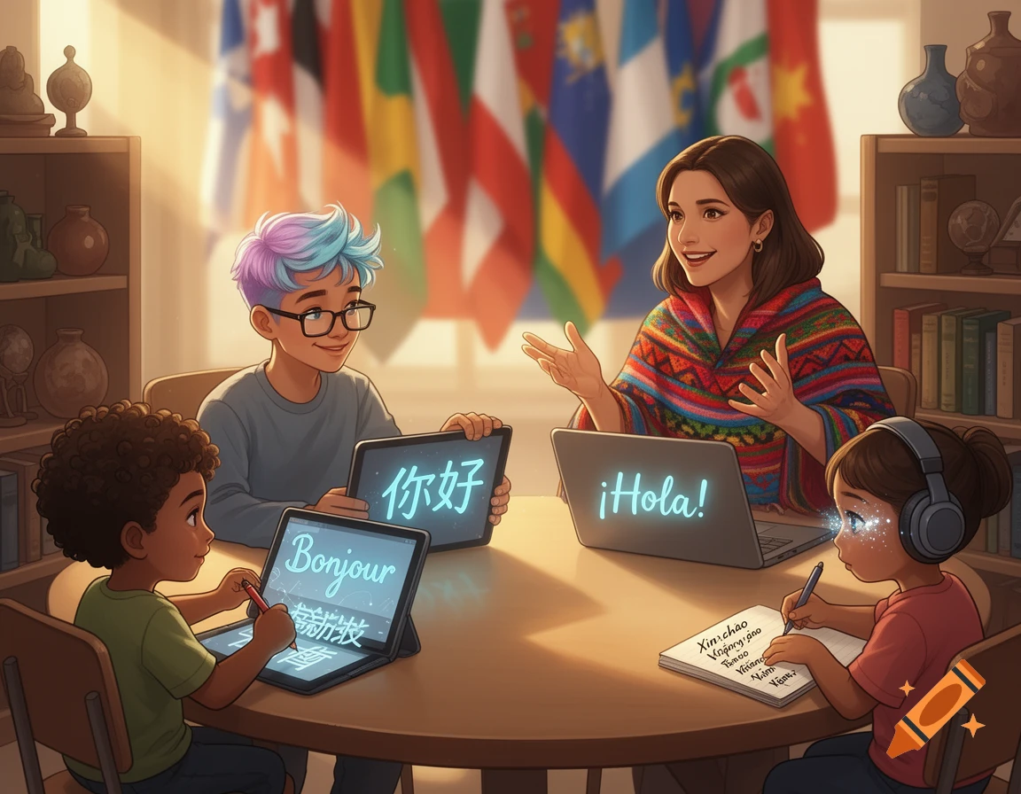 An adult woman teaches a diverse group of children and a teenager various languages, including French, Chinese, Spanish, and Vietnamese.
