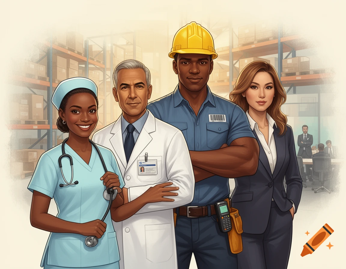An illustration of a diverse group of professionals: a Black nurse, a white doctor, a Black warehouse worker, and an Asian CEO, standing in front of a warehouse and office setting.