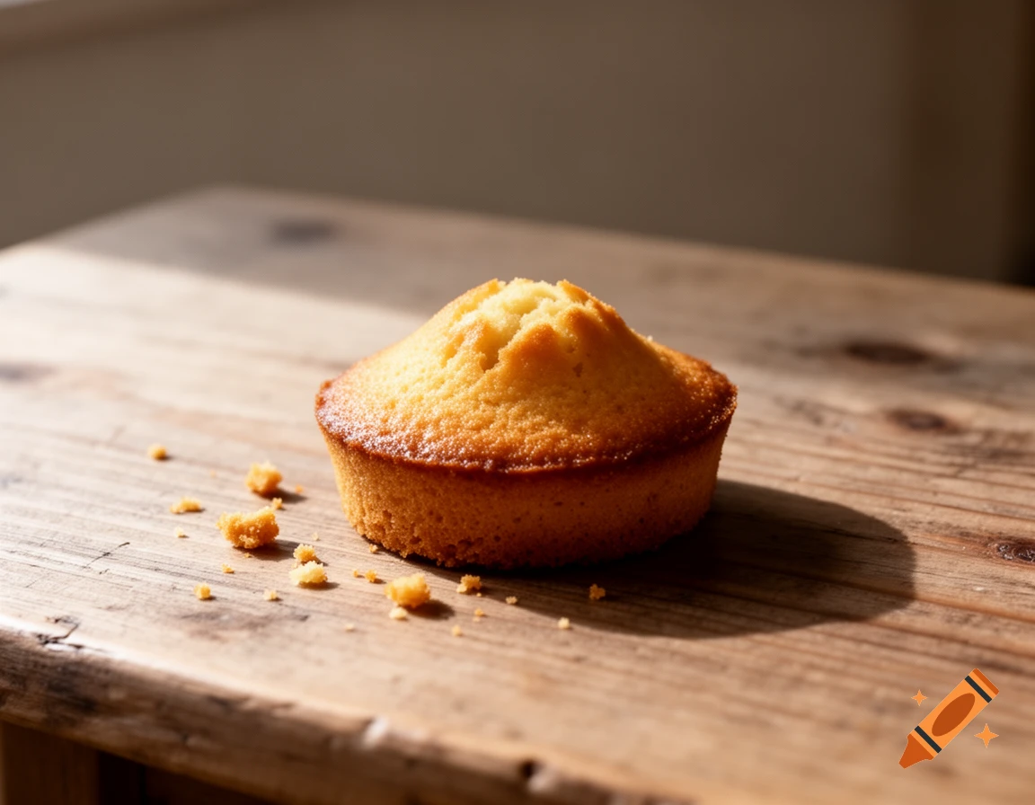 A single financier cake sits on a rustic wooden table with crumbs, illuminated by soft natural window light.