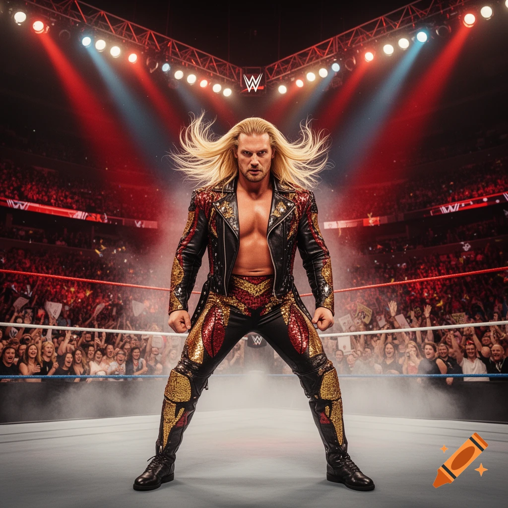 Muscular male wrestler with long blonde hair in a sparkly red and gold outfit stands in a ring under arena lights with a crowd. Photorealistic.