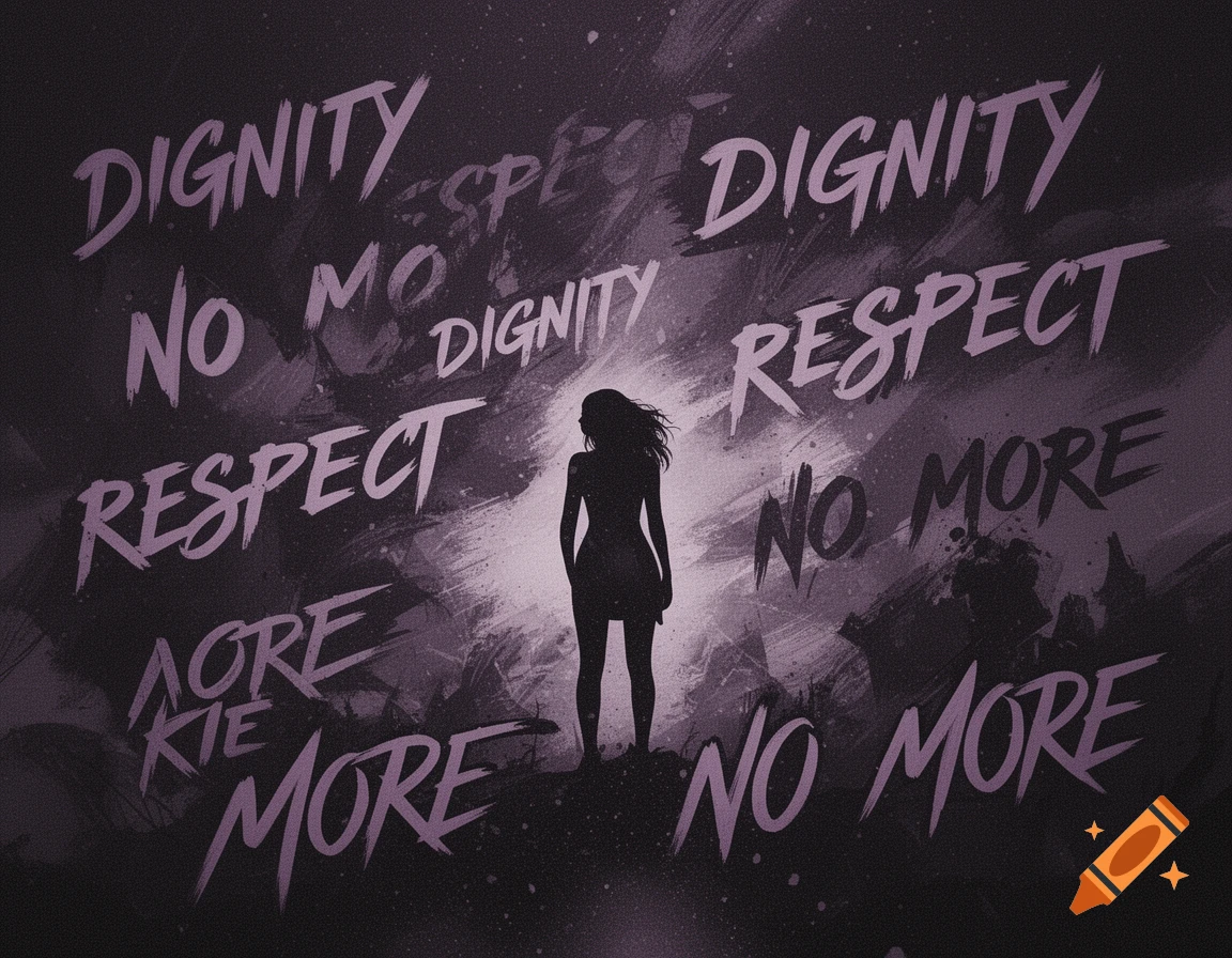 An artistic poster with a female silhouette in the center, surrounded by bold, distressed text that includes 'DIGNITY', 'RESPECT', and 'NO MORE' against a dark, splattered background.
