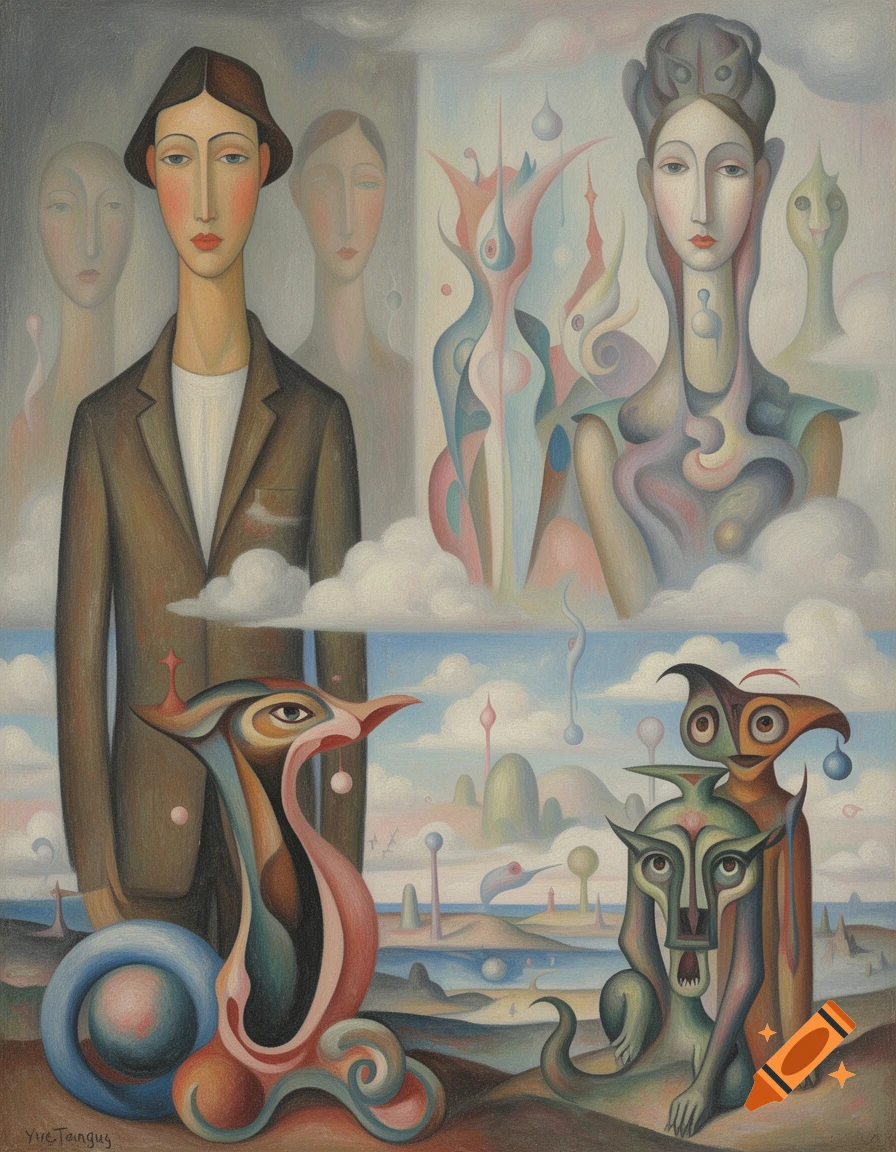 Surrealist painting with elongated human figures, abstract creatures, and a dreamlike landscape under clouds in the style of Yves Tanguy.