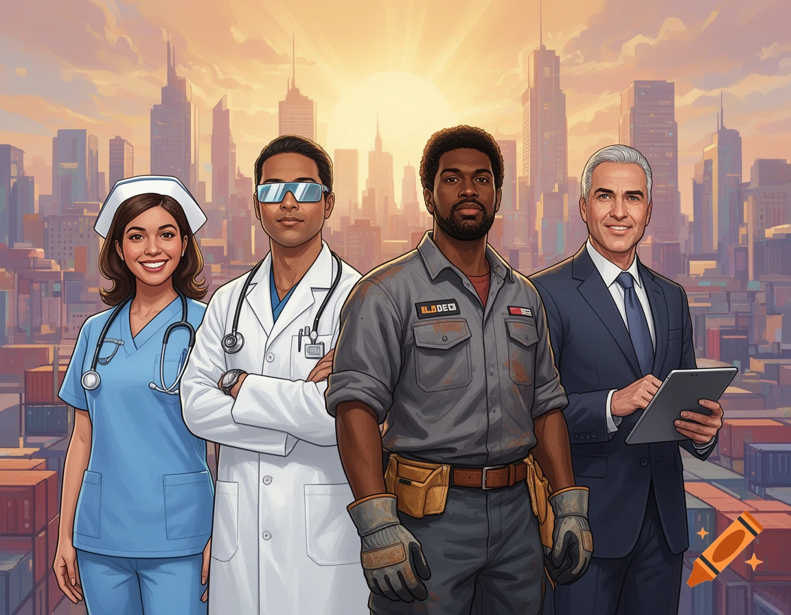 Illustrative image of a diverse group of four professionals a nurse, a doctor, a construction worker, and a CEO standing in front of a city skyline at sunset.