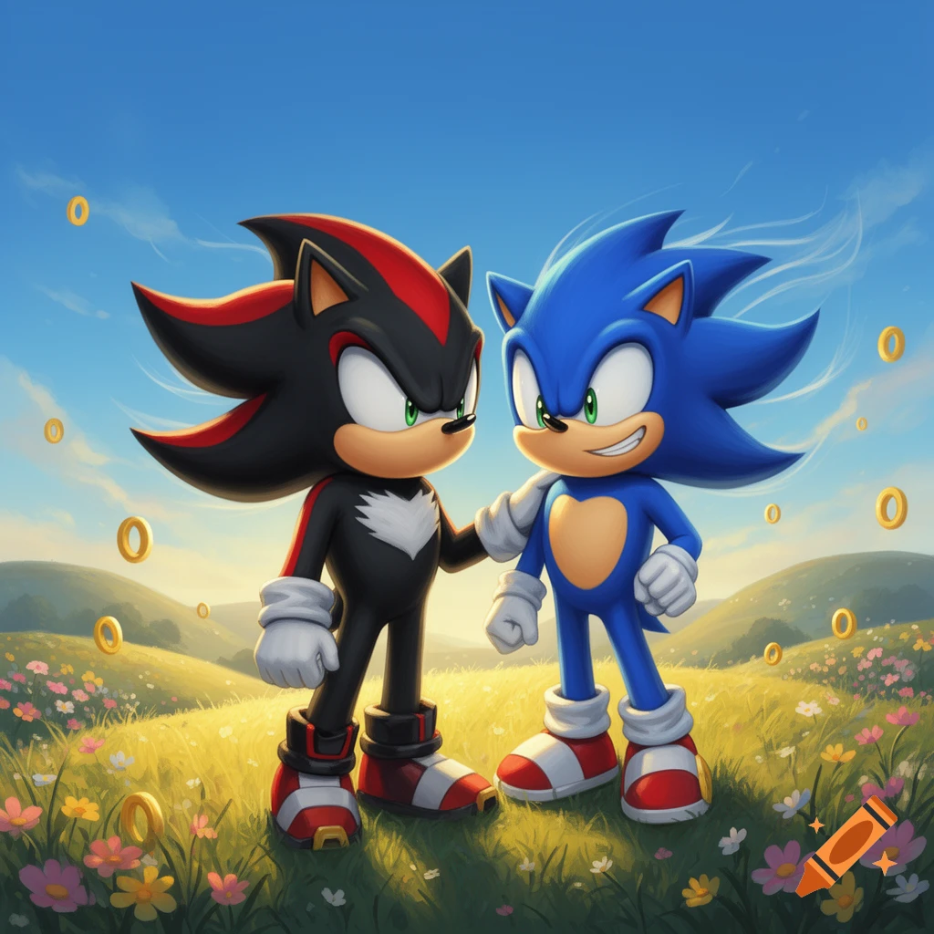 Shadow the Hedgehog with an arm around Sonic the Hedgehog's shoulder, smiling in a sunny, grassy field with golden rings.