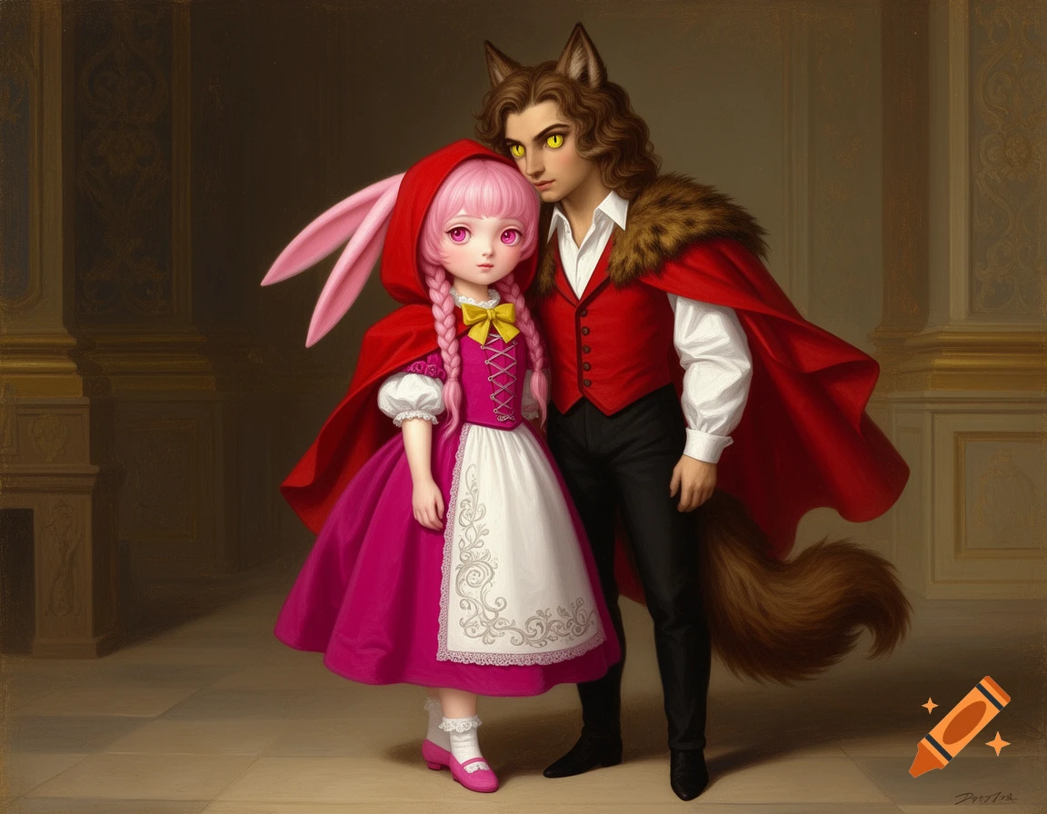 A stylized portrait of a pink-haired girl with bunny ears in a red cape and dress, standing next to a wolf-man in a red vest and cape, against a dark, elegant background.