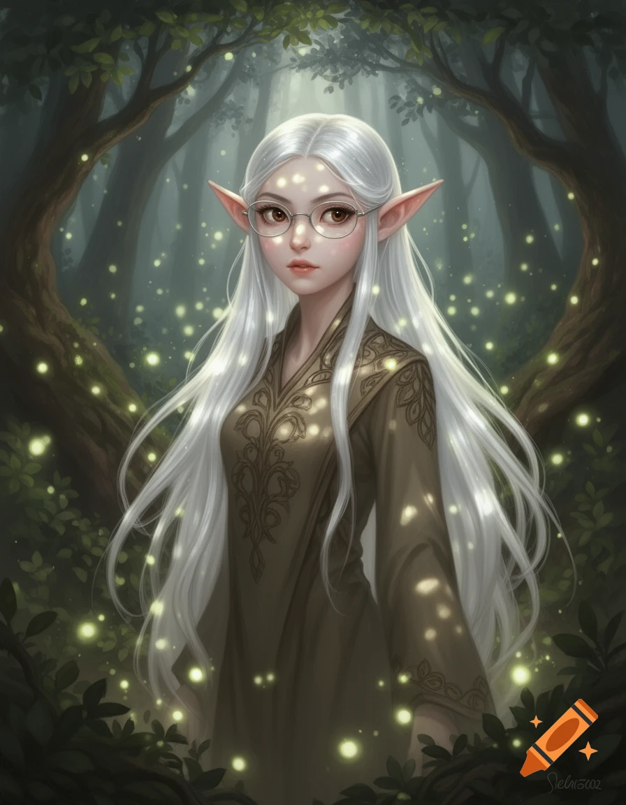 An elf-druid girl with long white hair and glasses in a mystical forest ...