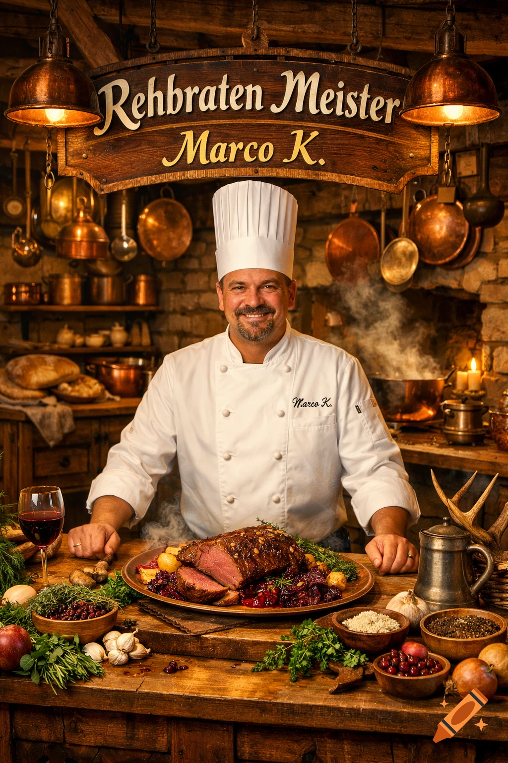 A smiling chef presents a roasted venison dish with red cabbage and potatoes in a rustic kitchen with copper pots.