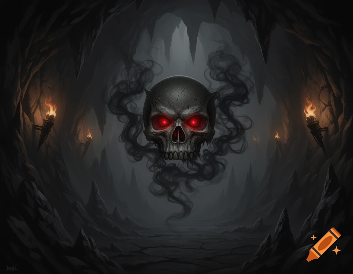 A menacing orc skull with glowing red eyes and dark smoke around it, floating in a dimly lit, rocky cave with torches on the walls.
