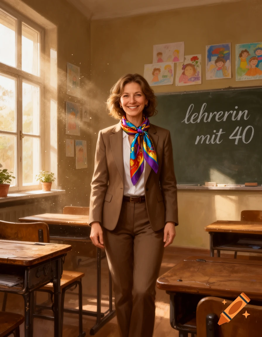 A smiling female teacher in a brown suit and colorful scarf stands in a sunny classroom with a blackboard and children's drawings.