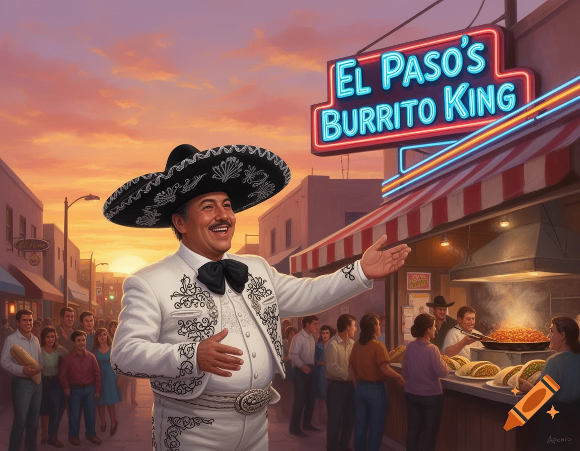 Smiling mariachi in white charro suit gestures towards 'El Paso's Burrito King' stand at sunset, with a crowd of people.