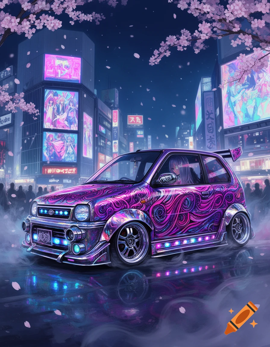 A vibrant purple custom Kei car with swirling patterns and neon lights drives down a cyberpunky Tokyo street at night, with cherry blossoms and anime billboards.