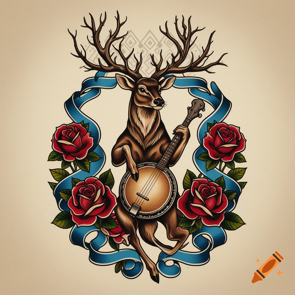 American traditional tattoo style illustration of a brown deer playing a banjo, surrounded by red roses and blue ribbons.