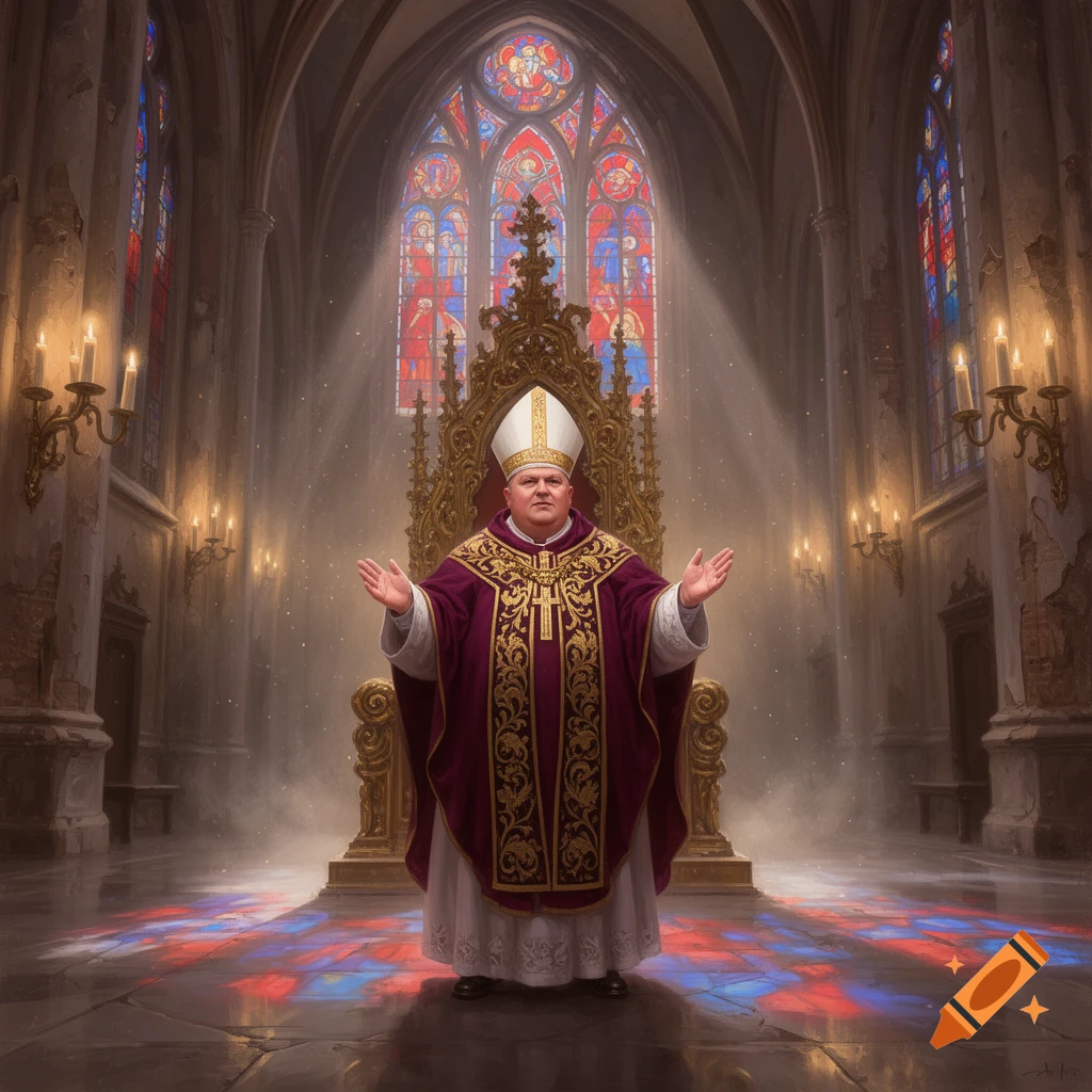 A pope-like figure in purple and gold vestments stands with arms outstretched in a grand cathedral before a golden throne and stained glass window.