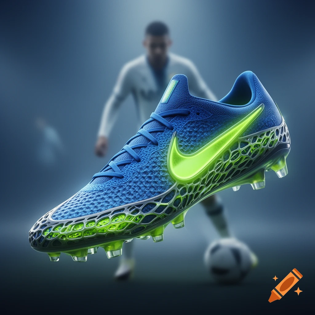 Close-up of a futuristic blue and green Nike soccer cleat with a glowing neon swoosh, a blurred player in background.