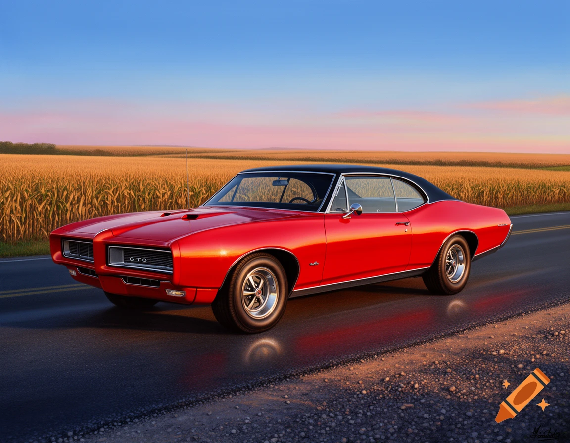 A red 1968 Pontiac GTO with a black roof on a road next to a golden cornfield at sunset.