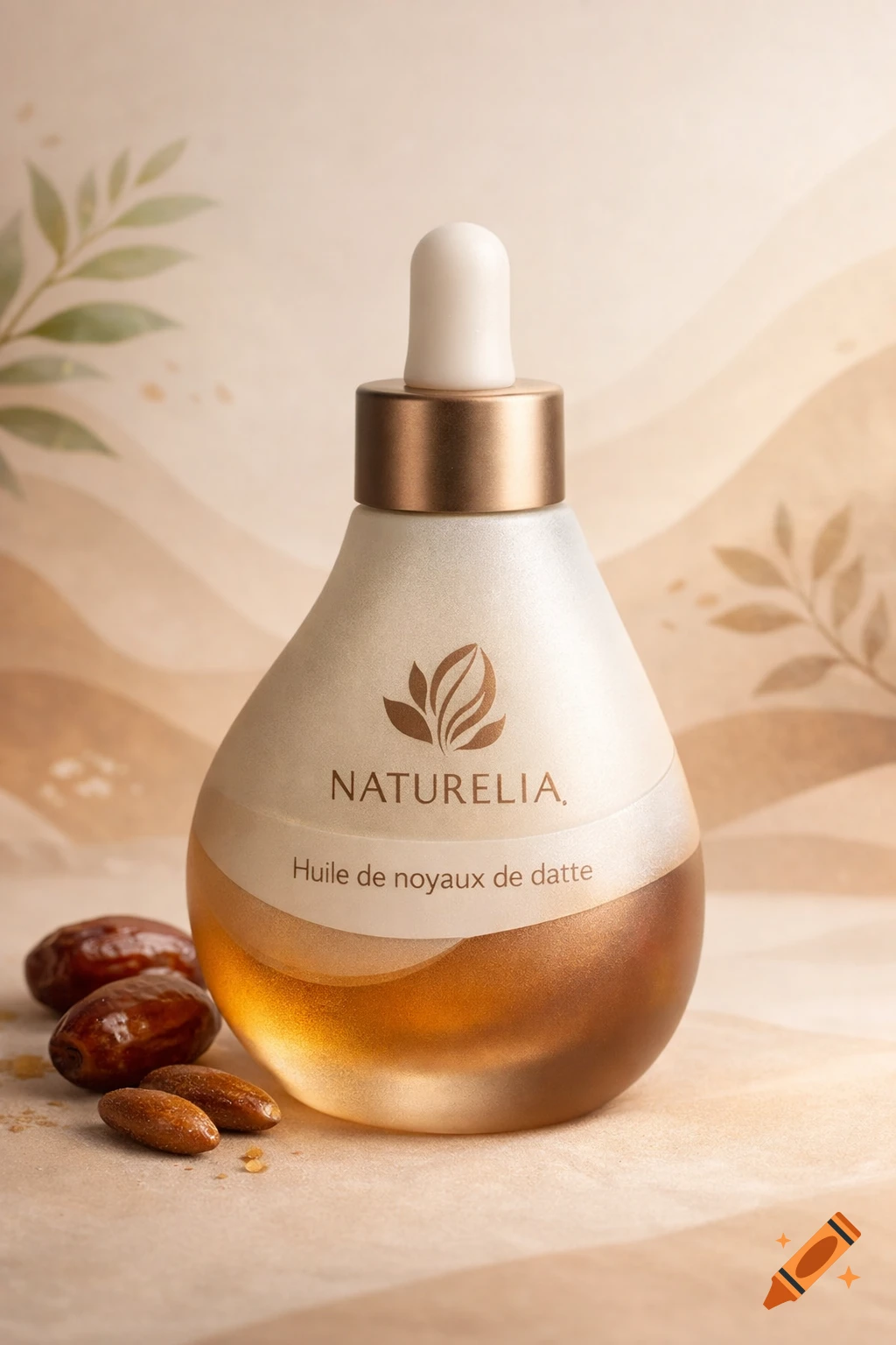 Photorealistic image of a 'NATURELIA' date kernel oil serum bottle with a dropper, surrounded by dates, on a warm, organic background.