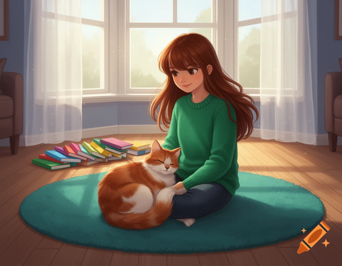 A smiling anime girl with brown hair sits on a rug, petting an orange and white cat while colorful books are piled nearby.