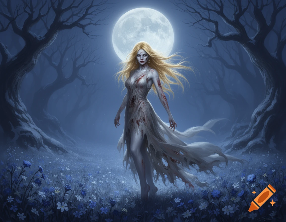 A blonde zombie woman in a torn, blood-stained white dress stands under a full moon in an eerie forest with blue flowers.