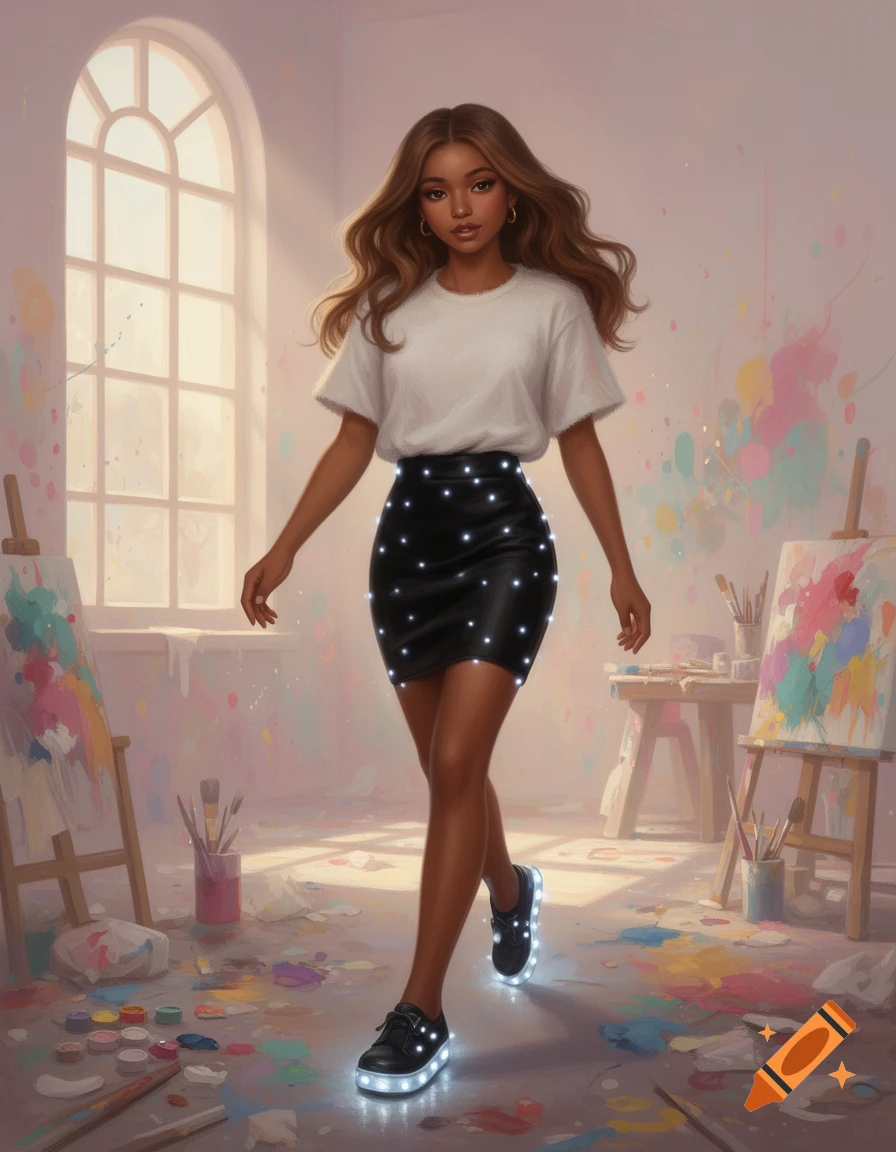 A digitally rendered young woman with brown hair walks in an art studio, wearing a white t-shirt, a black light-up skirt, and glowing shoes.