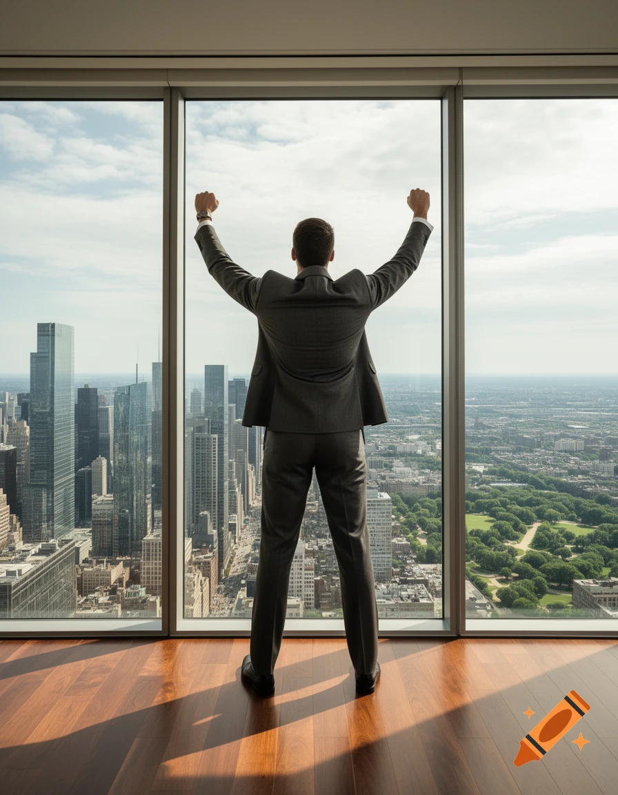 A man in a suit with raised arms looks out a large window at a sprawling cityscape.