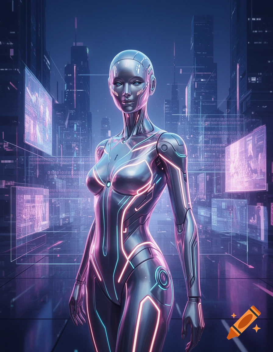 A sleek, metallic robot woman with glowing neon lines stands in a ...