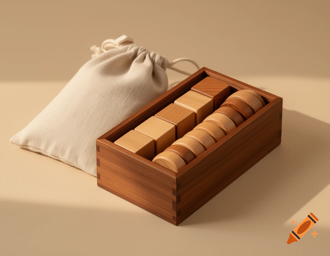 A wooden box filled with light and dark wood stacking blocks and discs, next to a neutral fabric drawstring bag, on a light beige surface with soft shadows.
