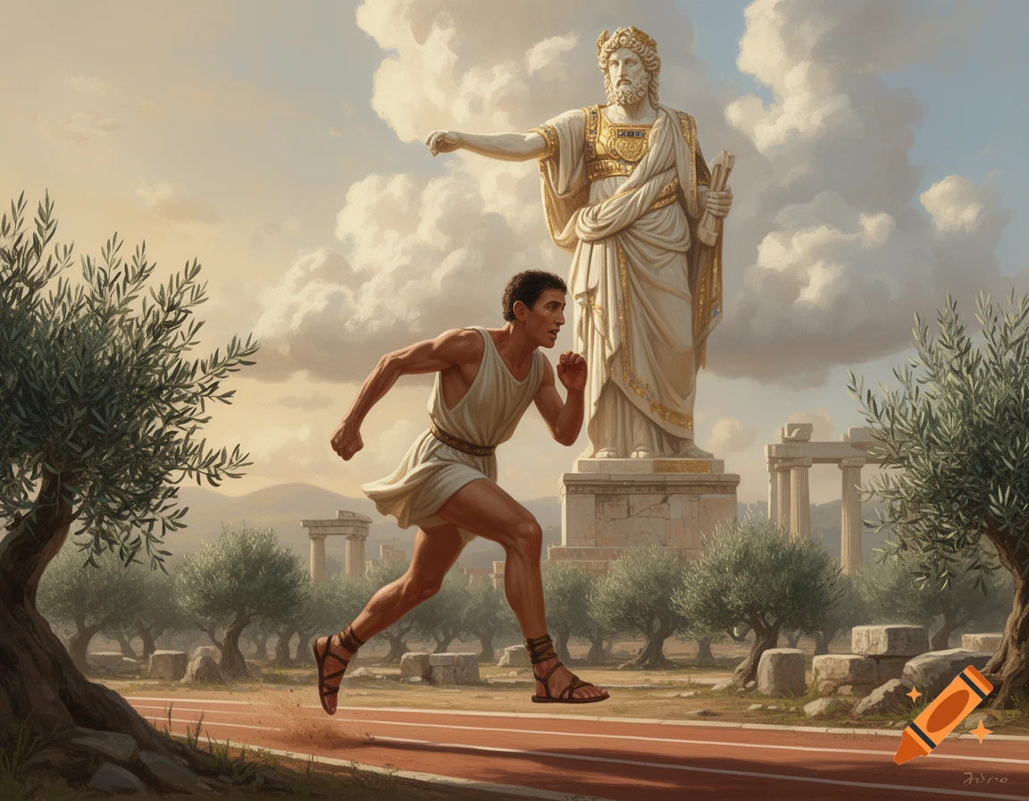 An ancient Greek runner sprints past a large Zeus statue and olive trees in a realistic painting of Olympia.